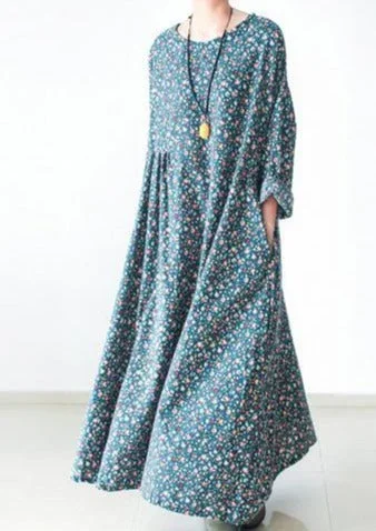 Green Floral Plus Size Cotton Dresses Long Sleeve Dresses Print Maxi Dresses