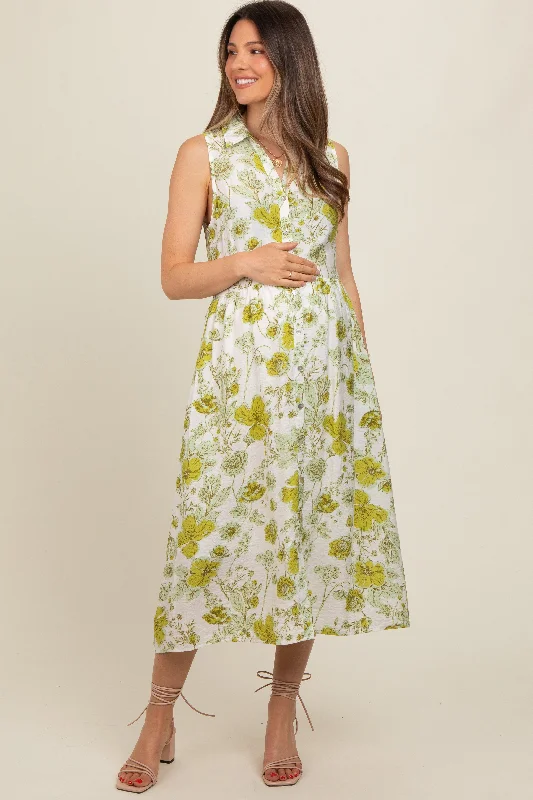 green-floral-printed-sleeveless-maternity-midi-shirt-dress