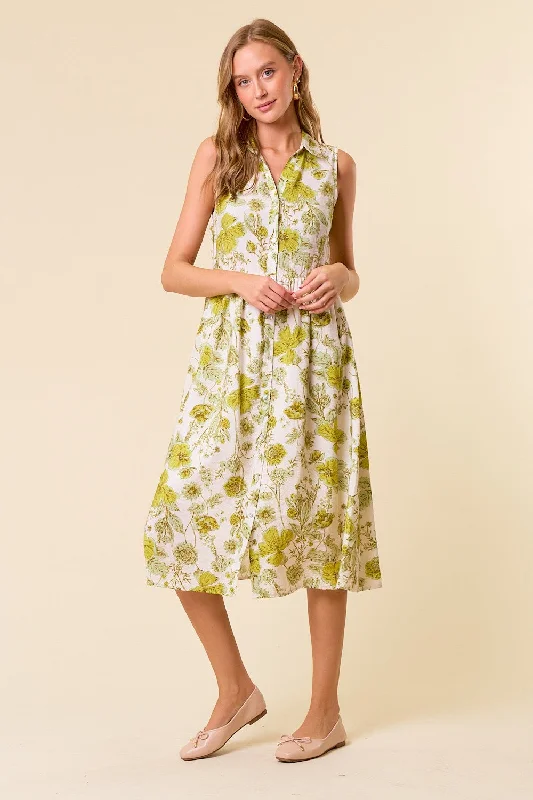 green-floral-printed-sleeveless-maternity-midi-shirt-dress