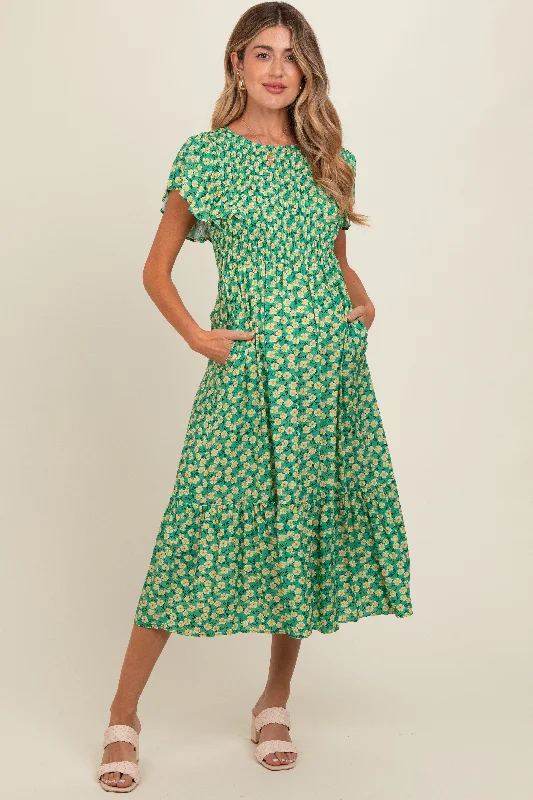 Green Floral Smocked Maternity Midi Dress