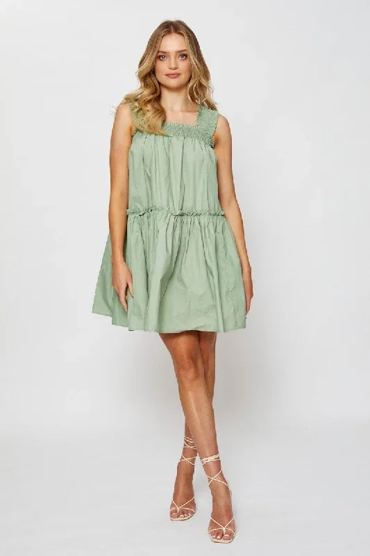 Green Mini Dress Sleeveless Square Neck