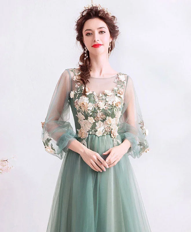 green-round-neck-tulle-lace-long-prom-dress-green-bridesmaid-dress