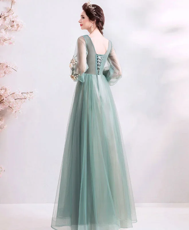 green-round-neck-tulle-lace-long-prom-dress-green-bridesmaid-dress