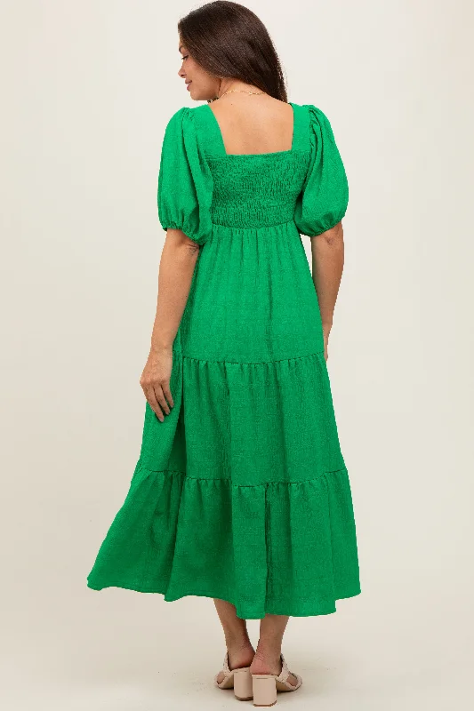 green-textured-maternity-tiered-midi-dress