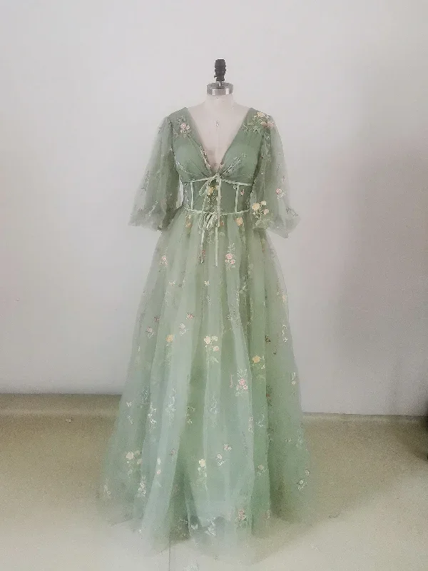 Green V Neck Tulle Lace Long Prom Dress, A Line Tulle Long Bridesmaid Dress