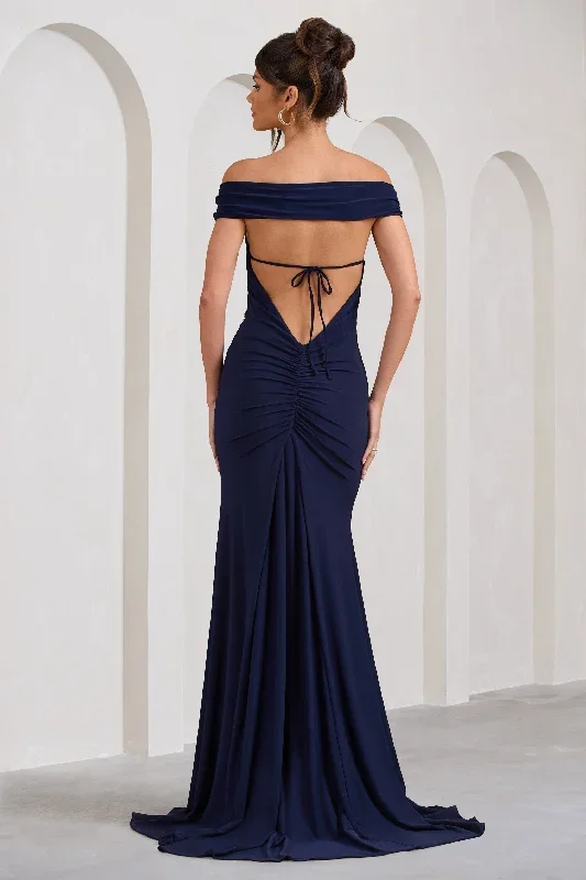 harmony-navy-ruched-bardot-split-fishtail-maxi-dress-cl129352015