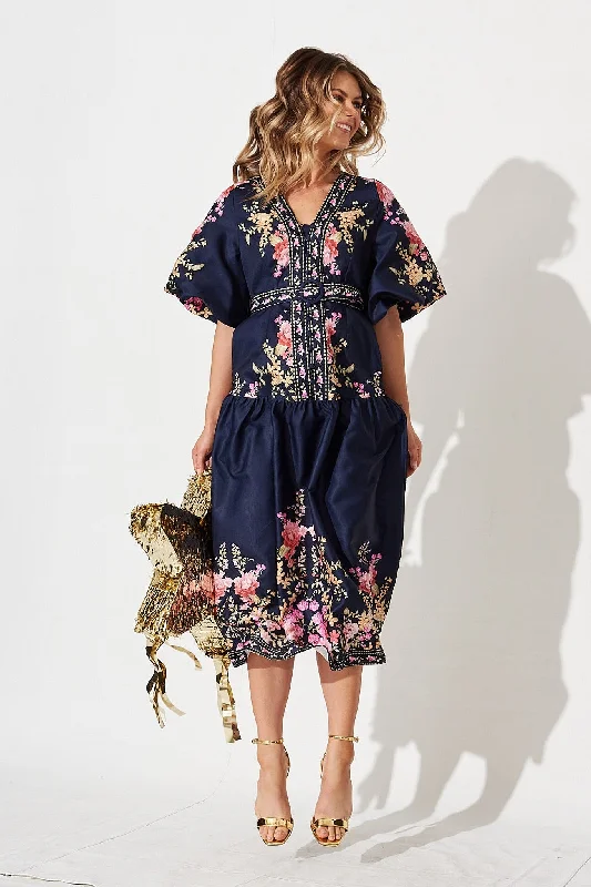 Havana Midi Dress In Navy With Pink Floral