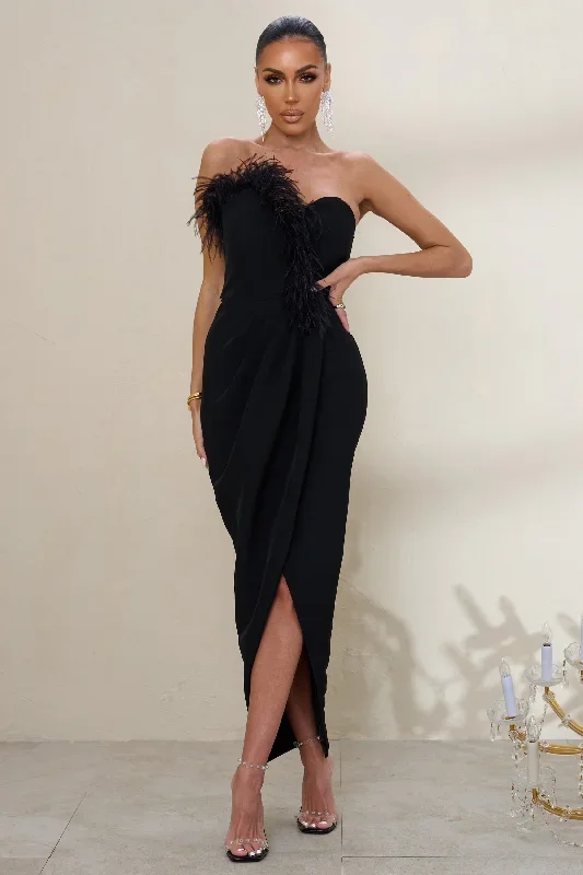 High Class | Black Bandeau Thigh Split Maxi Dress With Feather Trim