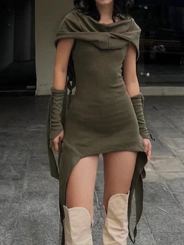 Hooded Stacked Irregular Hem With Sleeve Mini Dress