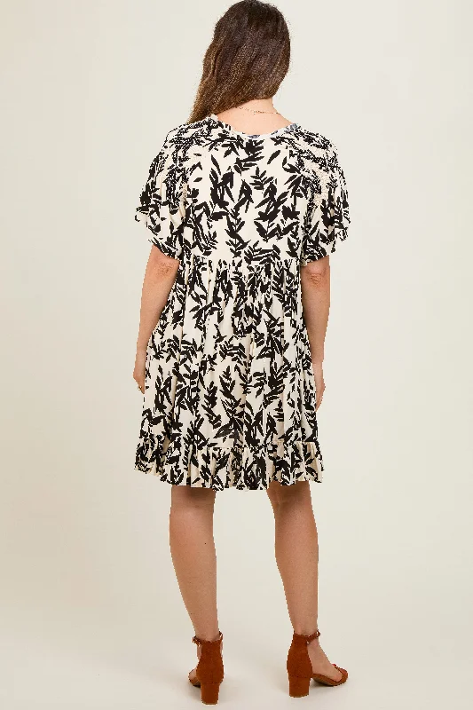 ivory-button-down-pleated-leaf-print-maternity-dress