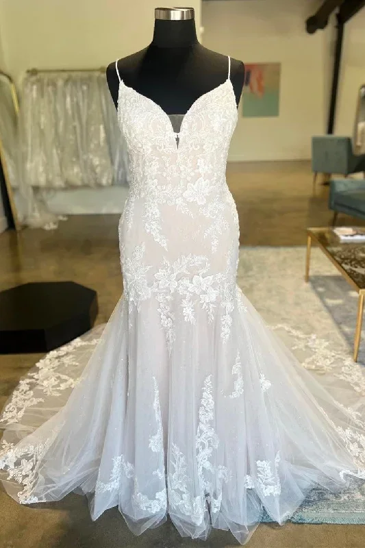 Ivory Floral Lace Plunge V Trumpet Long Bridal Gown