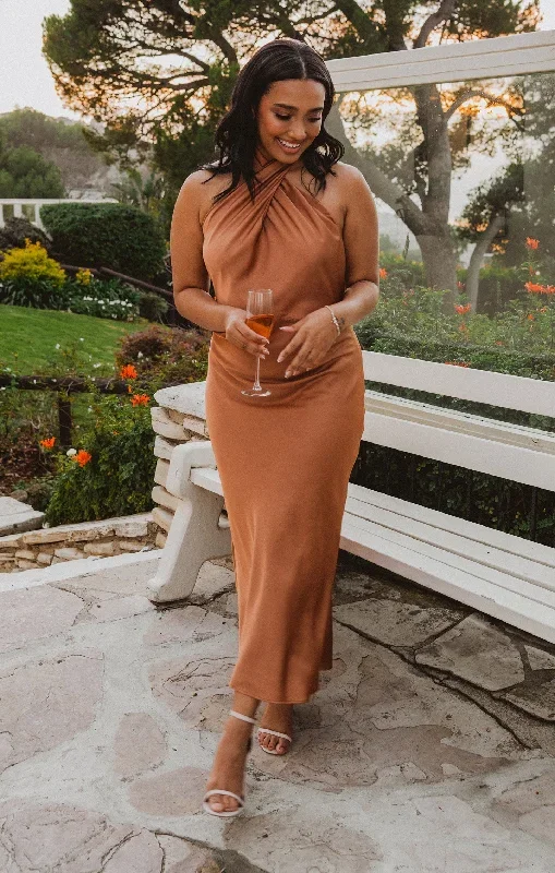 Jasmine Halter Midi Dress ~ Copper Luxe Satin