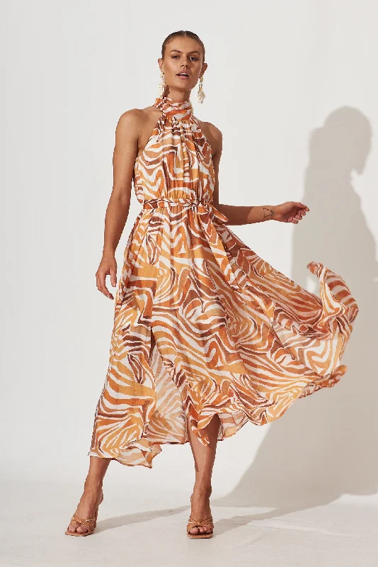 Kiss Me Halter Neck Maxi Dress In Rust Swirl Print