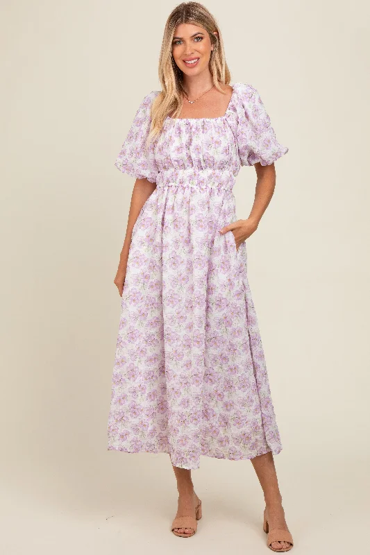 lavender-floral-puff-sleeve-maternity-midi-dress