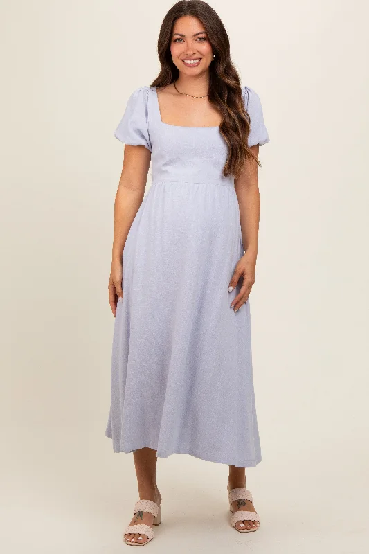 Lavender Puff Sleeve Linen Maternity Midi Dress