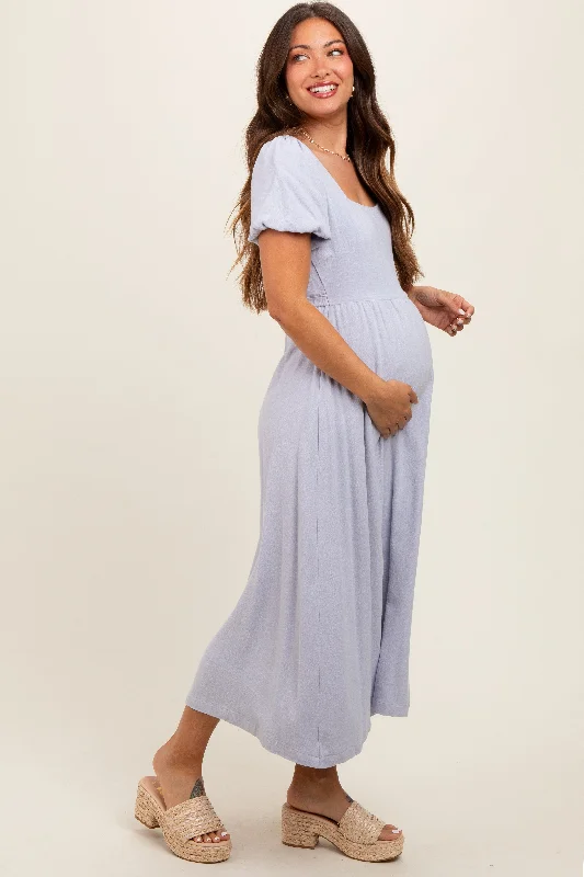 lavender-puff-sleeve-linen-maternity-midi-dress