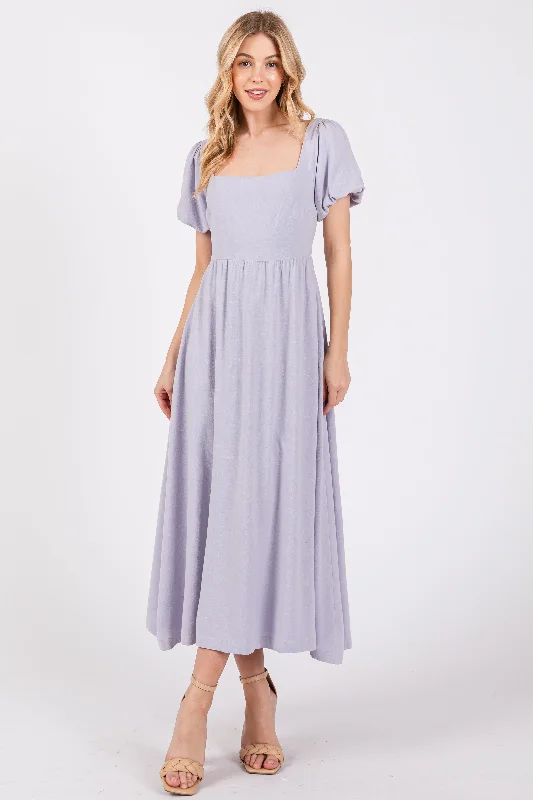 lavender-puff-sleeve-linen-maternity-midi-dress