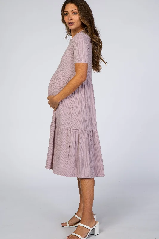 lavender-ribbed-tiered-maternity-dress