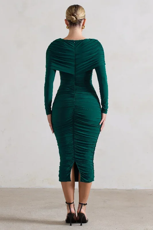 lea-bottle-green-long-sleeve-ruched-midi-dress-with-draped-bardot-overlay-cl129252047