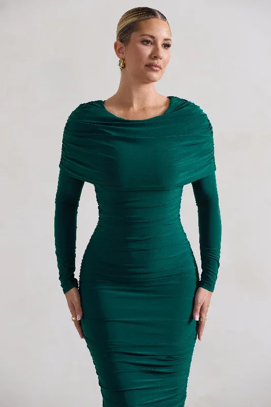 lea-bottle-green-long-sleeve-ruched-midi-dress-with-draped-bardot-overlay-cl129252047