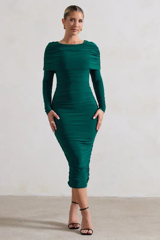 lea-bottle-green-long-sleeve-ruched-midi-dress-with-draped-bardot-overlay-cl129252047