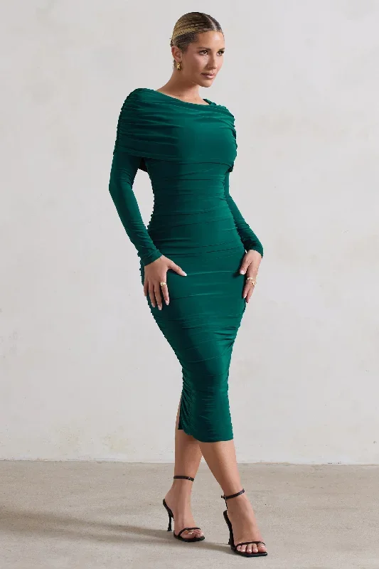 lea-bottle-green-long-sleeve-ruched-midi-dress-with-draped-bardot-overlay-cl129252047