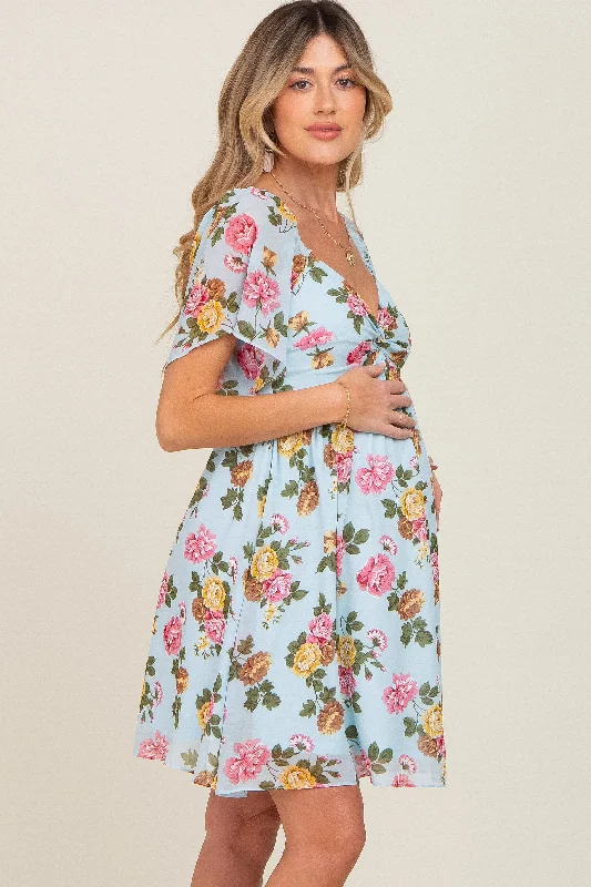 light-blue-floral-chiffon-sweetheart-neck-maternity-dress