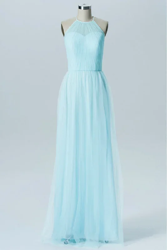 Light Blue Halter Sweetheart Tiered Bridesmaid Dress