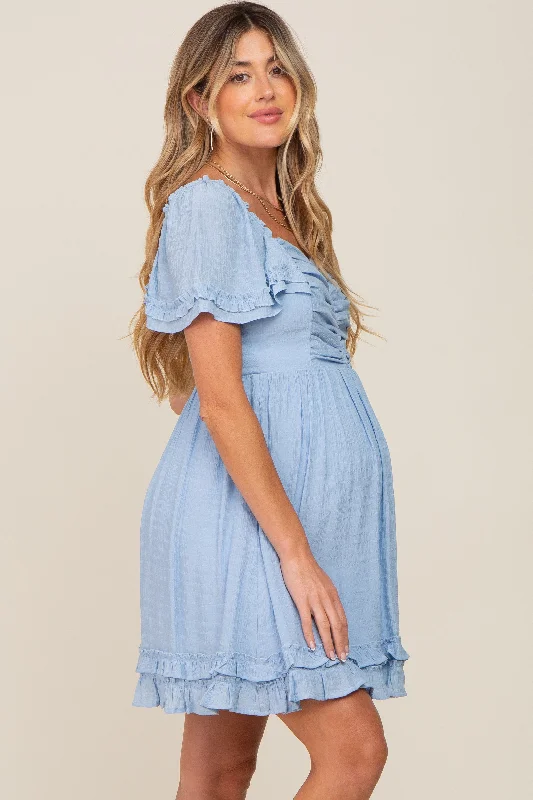 light-blue-pleated-ruffle-maternity-dress