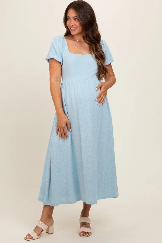 Light Blue Puff Sleeve Linen Maternity Midi Dress