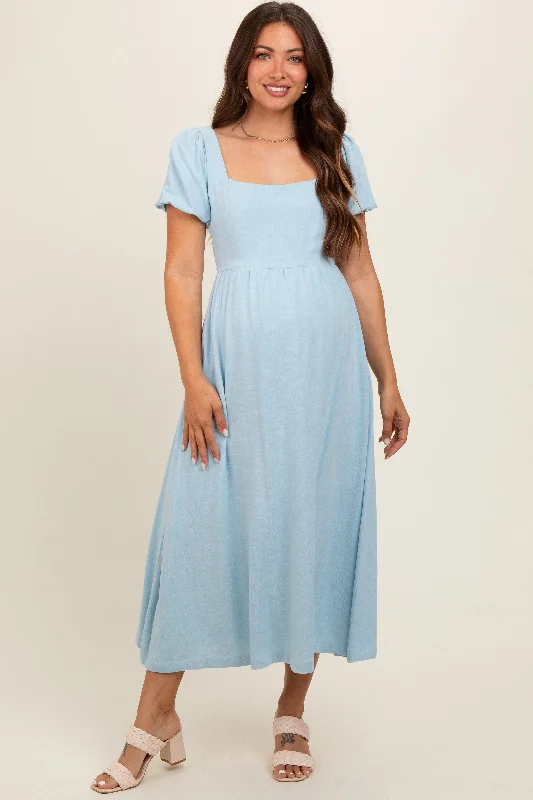 light-blue-puff-sleeve-linen-maternity-midi-dress