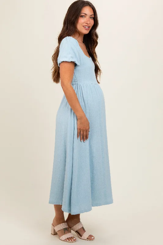 light-blue-puff-sleeve-linen-maternity-midi-dress