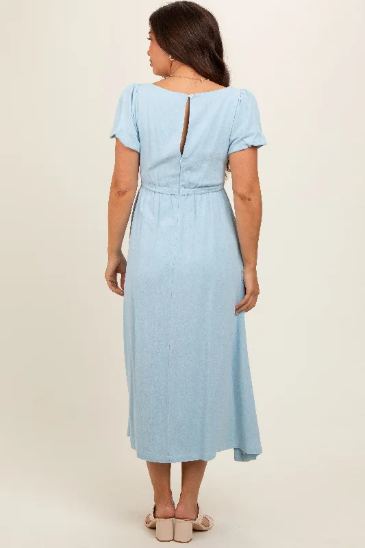 light-blue-puff-sleeve-linen-maternity-midi-dress