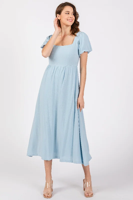 light-blue-puff-sleeve-linen-maternity-midi-dress