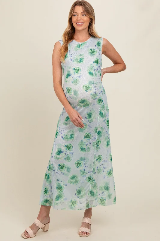 Light Blue Rose Print Ruched Mesh Maternity Dress