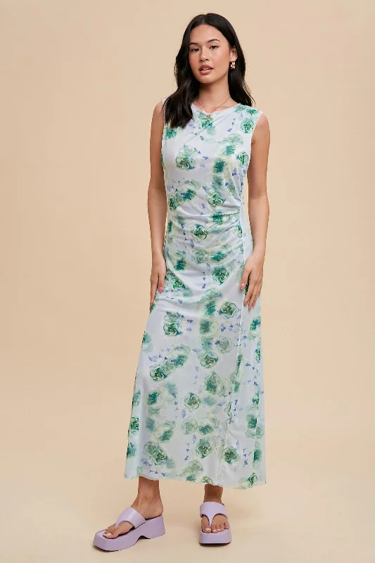 light-blue-rose-print-ruched-mesh-maternity-dress