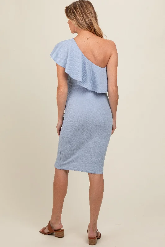 light-blue-ruffle-one-shoulder-maternity-midi-dress