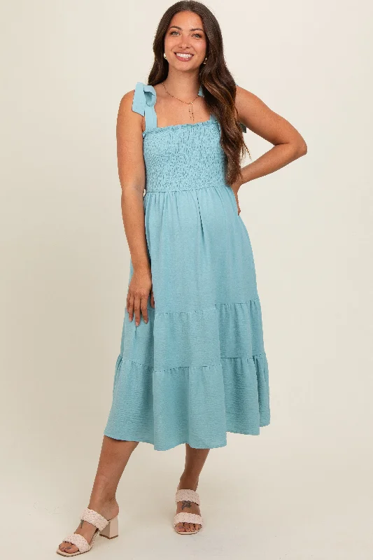 light-blue-smocked-tie-strap-tiered-maternity-midi-dress