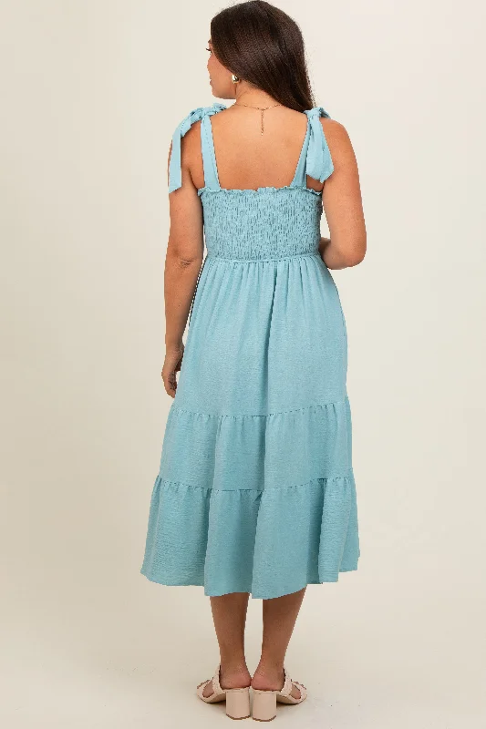 light-blue-smocked-tie-strap-tiered-maternity-midi-dress