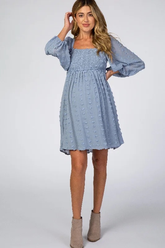 Light Blue Textured Dot Smocked Square Neck Chiffon Maternity Dress