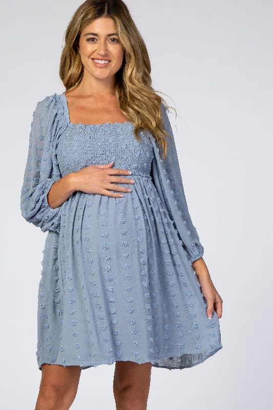 light-blue-textured-dot-smocked-square-neck-chiffon-maternity-dress