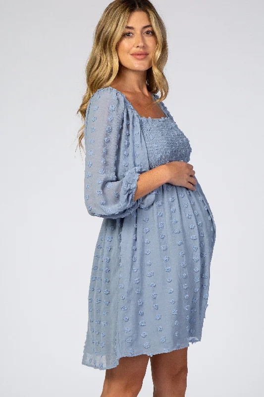 light-blue-textured-dot-smocked-square-neck-chiffon-maternity-dress