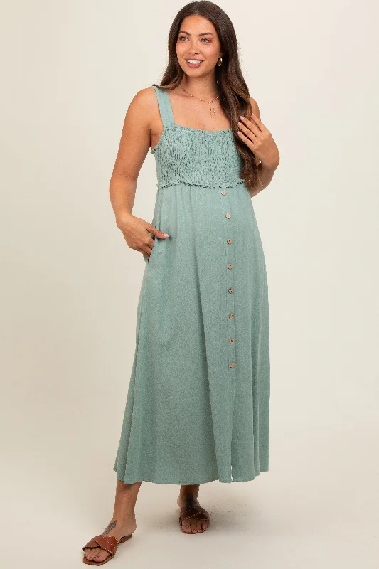 Light Olive Button Down Smocked Maternity Dress