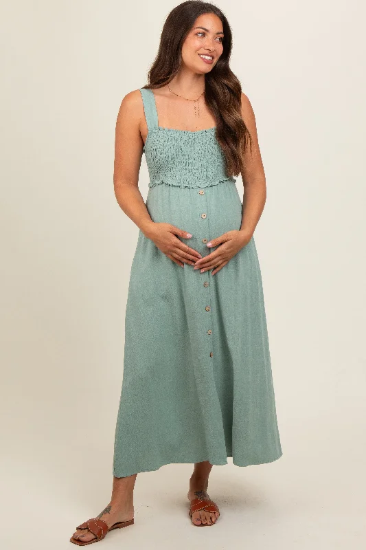 light-olive-button-down-smocked-maternity-dress