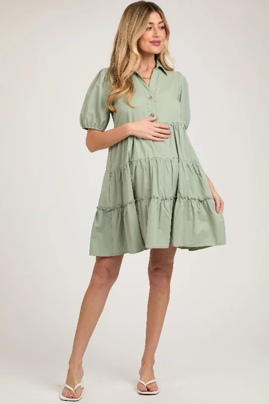 light-olive-collared-tiered-maternity-dress