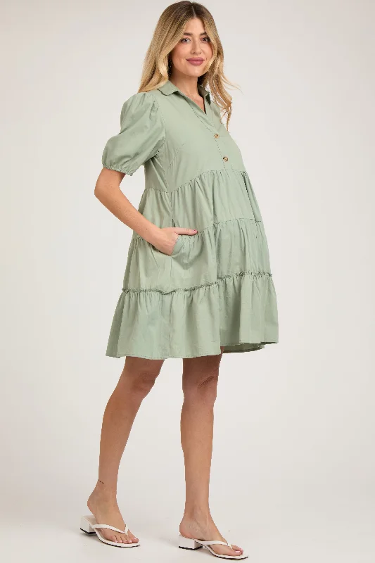 light-olive-collared-tiered-maternity-dress