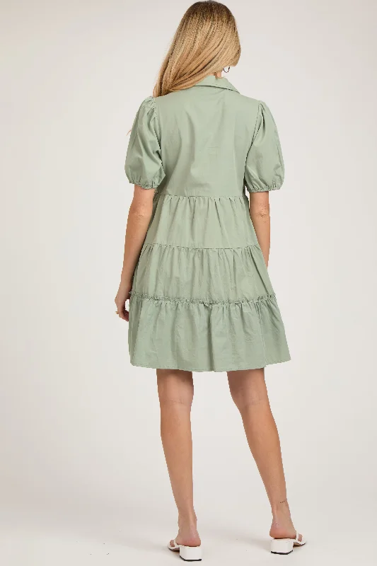 light-olive-collared-tiered-maternity-dress