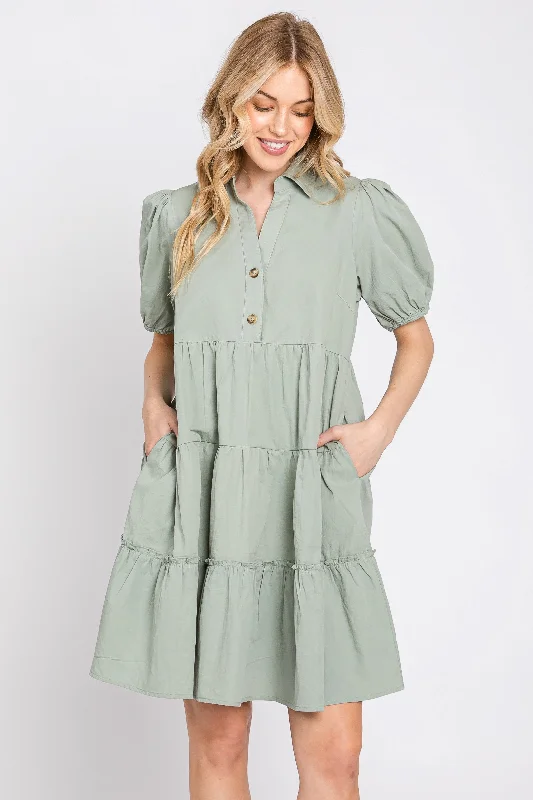 light-olive-collared-tiered-maternity-dress