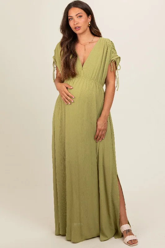 light-olive-v-neck-drawstring-short-sleeve-side-slit-maternity-maxi-dress