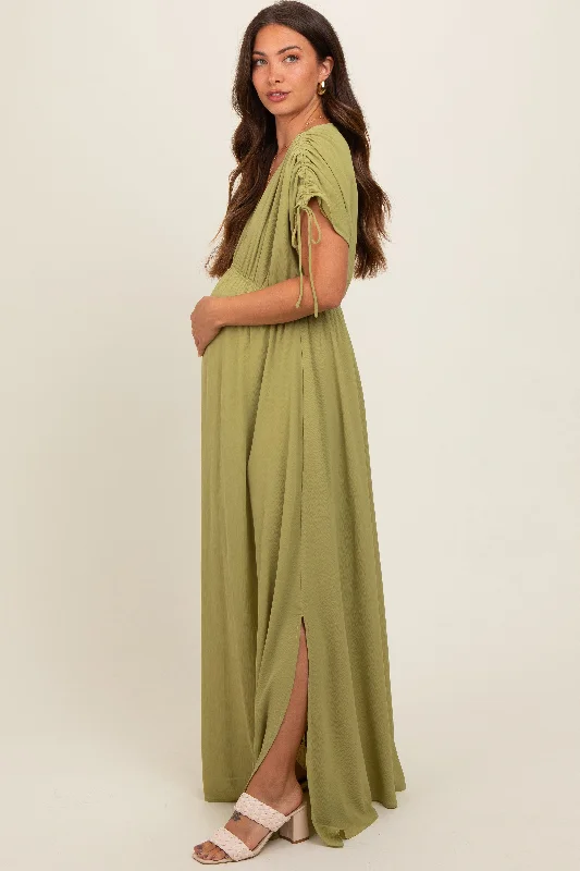 light-olive-v-neck-drawstring-short-sleeve-side-slit-maternity-maxi-dress